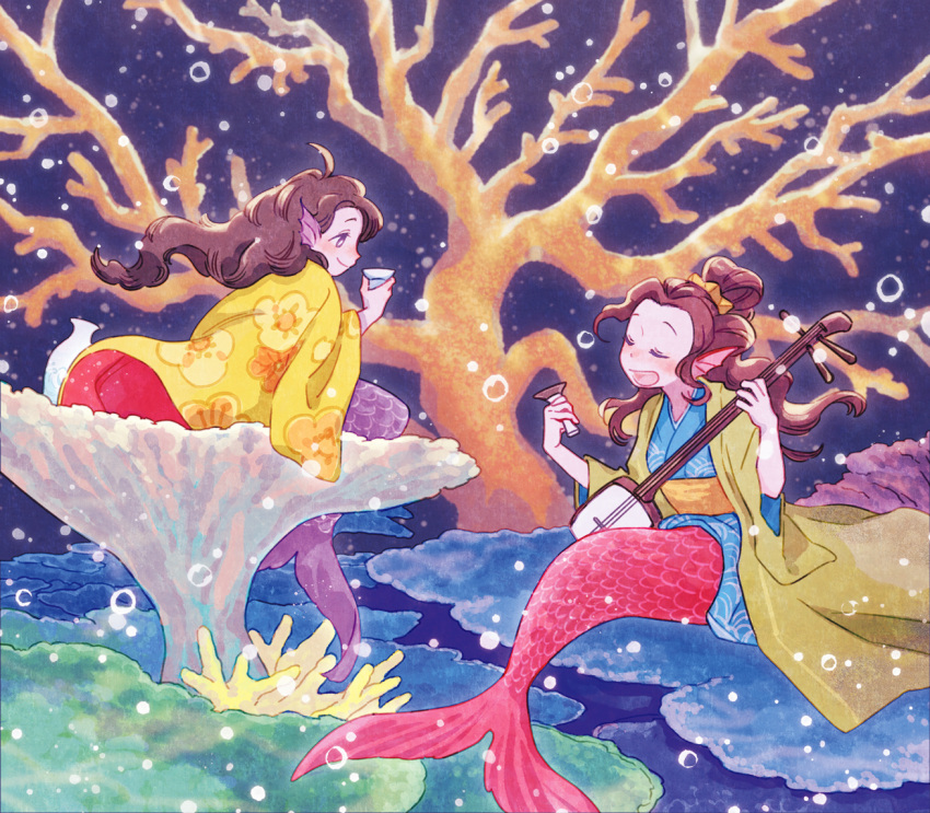 2girls ahoge air_bubble alcohol blue_kimono bright_pupils brown_hair bubble choko_(cup) closed_eyes closed_mouth colorful coral coral_reef cup drinking floating_hair floral_print folded_hair from_side full_body hair_ornament hands_up haori head_fins holding holding_cup holding_instrument instrument japanese_clothes kimono long_hair looking_at_another lute_(instrument) mermaid monaka_(siromona) monster_girl multiple_girls music obi ocean_bottom open_clothes open_mouth original playing_instrument profile purple_tail red_tail sake sash scenery seigaiha sitting smile tokkuri u_u underwater water wave_print wavy_hair white_pupils wide_sleeves yellow_sash