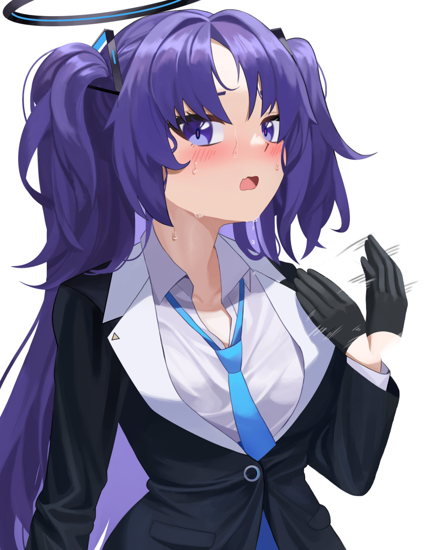 1girl :o absurdres afterimage black_gloves blazer blue_archive blush collarbone collared_shirt commentary_request ddog embarrassed gloves hair_ornament half_gloves halo highres hot jacket long_hair long_sleeves looking_at_viewer motion_lines necktie nose_blush parted_bangs purple_hair school_uniform shirt sidelocks simple_background solo sweat two_side_up violet_eyes waving_hands white_background yuuka_(blue_archive)