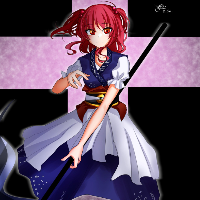 1girl blue_dress closed_mouth coin commentary dated dress ganadara_ddo hair_bobbles hair_ornament highres holding holding_scythe korean_commentary looking_at_viewer medium_hair obi one-hour_drawing_challenge onozuka_komachi red_eyes redhead sash scythe short_sleeves signature solo touhou twintails two_side_up
