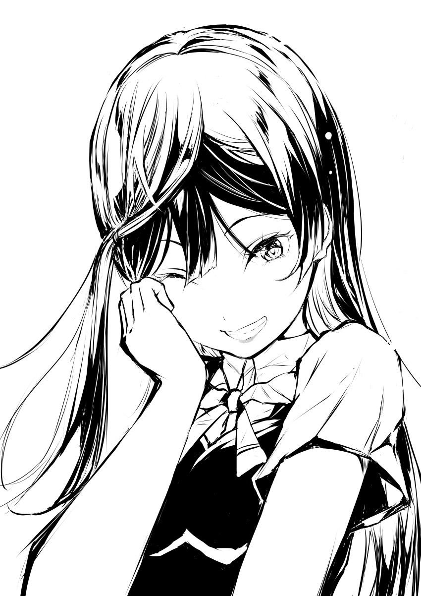 1girl absurdres commentary_request greyscale grin highres long_hair looking_at_viewer love_live! love_live!_nijigasaki_high_school_idol_club monochrome nijigasaki_academy_school_uniform one_eye_closed one_side_up school_uniform smile solo tommer upper_body white_background yuuki_setsuna_(love_live!)