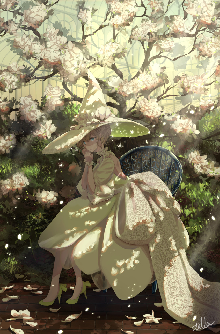 1girl absurdres blonde_hair blue_eyes chair flower hat high_heels highres magnolia original petals puffy_sleeves scenery sitting solo tella_(artist) witch witch_hat
