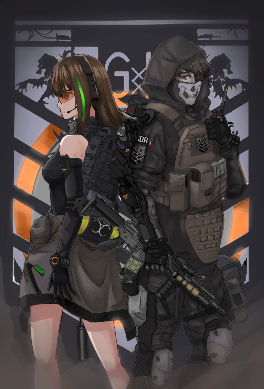 absurdres assault_rifle brown_hair exoskeleton girls_frontline gun highres holding holding_gun holding_weapon hood m4_carbine m4a1_(girls'_frontline) mask non-web_source red_eyes rifle skull_mask tactical_clothes tom_clancy's_the_division weapon