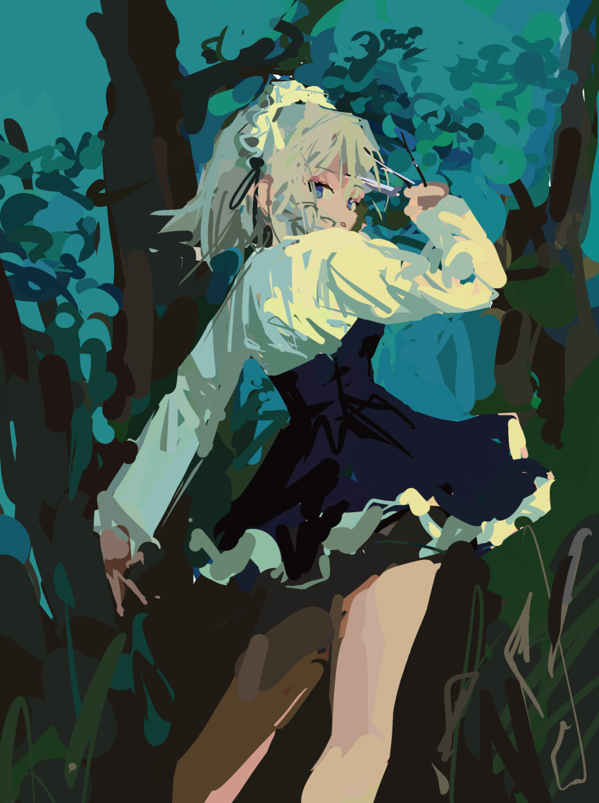 1girl arm_up bad_id bad_twitter_id bare_legs between_fingers black_dress blue_eyes dark dress feet_out_of_frame forest frilled_hairband frills from_behind grey_hair hairband highres holding holding_knife izayoi_sakuya knife knives_between_fingers legs_apart long_sleeves looking_at_viewer looking_back maid maid_headdress nature night no_lineart outdoors parted_lips reddizen short_dress short_hair solo standing touhou tree underbust white_hairband
