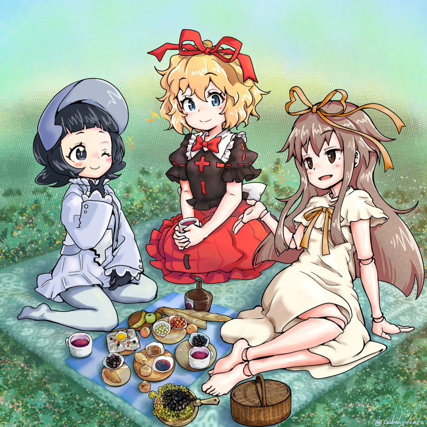 3girls barefoot black_eyes black_gloves black_hair black_shirt blinking blonde_hair blue_eyes blue_jacket blue_skirt blush bonnet bow bowtie breasts brown_eyes brown_hair bubble_skirt carbohydrate_(asta4282) commission cup doll_joints doll_nus dress flower food frilled_shirt_collar frills gloves grey_thighhighs hair_bow highres holding holding_cup jacket joints lily_of_the_valley little_doll_queen long_hair long_sleeves looking_at_viewer medicine_melancholy multiple_girls pokemon pokemon_(game) pokemon_sv poppy_(pokemon) puffy_short_sleeves puffy_sleeves red_bow red_bowtie shirt short_sleeves sitting skirt small_breasts talking thigh-highs thighs touhou wariza white_dress