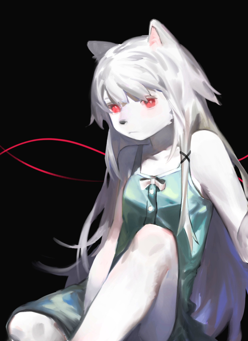 1girl albino animal_ears black_background body_fur bright_pupils chemise closed_mouth feet_out_of_frame furry furry_female hand_up highres long_hair looking_at_viewer original red_eyes simple_background sitting sleeveless solo string string_of_fate tail very_long_hair white_fur white_hair white_pupils wolf_ears wolf_girl wolf_tail yuuko_(yuuko891)