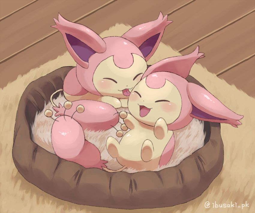 carpet closed_eyes fluffy hands_up highres ibusaki_(ivu) legs_up licking licking_another's_face lying no_humans on_back on_stomach open_mouth pet_bed pokemon pokemon_(creature) skitty smile tongue tongue_out twitter_username wooden_floor