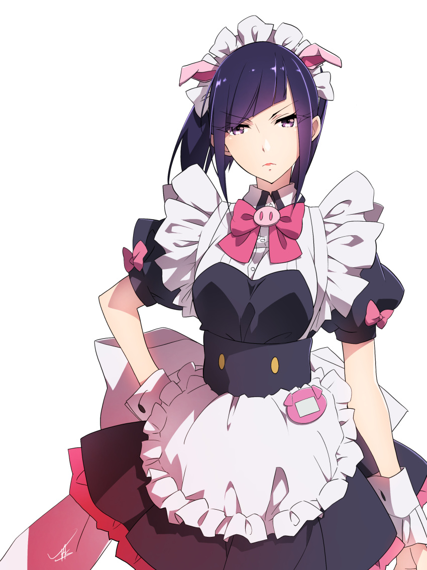 1girl absurdres akiba_maid_sensou animal_ears apron black_hair bow bowtie fake_animal_ears hand_on_hip highres looking_at_viewer maid maid_apron maid_headdress mannen_ranko pig_ears pink_bow pink_bowtie short_hair short_sleeves simple_background solo standing white_background wrist_cuffs yasu_(pixiv)