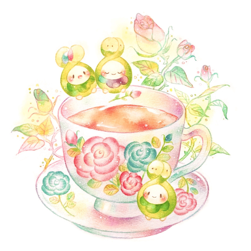 blush budew closed_eyes closed_mouth colored_pencil_(medium) commentary_request cup floral_print flower highres no_humans open_mouth pokemon pokemon_(creature) saucer smile tea teacup traditional_media u_u white_background yukichi_0611