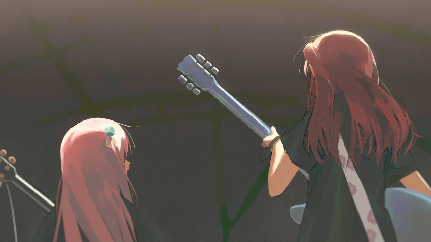 2girls black_shirt bocchi_the_rock! bracelet cable_tie cube_hair_ornament electric_guitar facing_away film_grain floating_hair from_behind gotou_hitori guitar hair_bobbles hair_ornament hand_up highres holding holding_instrument instrument jewelry kita_ikuyo long_hair looking_at_another looking_to_the_side medium_hair messy_hair multiple_girls music noword one_side_up open_mouth pink_hair playing_instrument redhead shirt short_sleeves shoulder_strap t-shirt upper_body