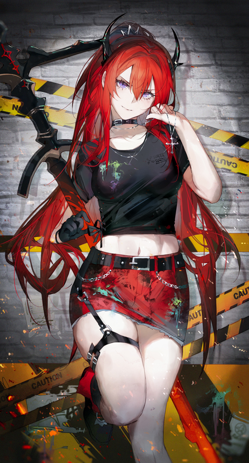 1girl arknights asymmetrical_gloves belt black_gloves brick_wall caution_tape chain choker closed_mouth collarbone gloves hair_between_eyes hair_ornament highres holding holding_polearm holding_weapon horns jewelry long_hair looking_at_viewer miniskirt navel necklace polearm qiandaiyiyu red_skirt redhead shadow skirt smile solo surtr_(arknights) thighs very_long_hair violet_eyes weapon