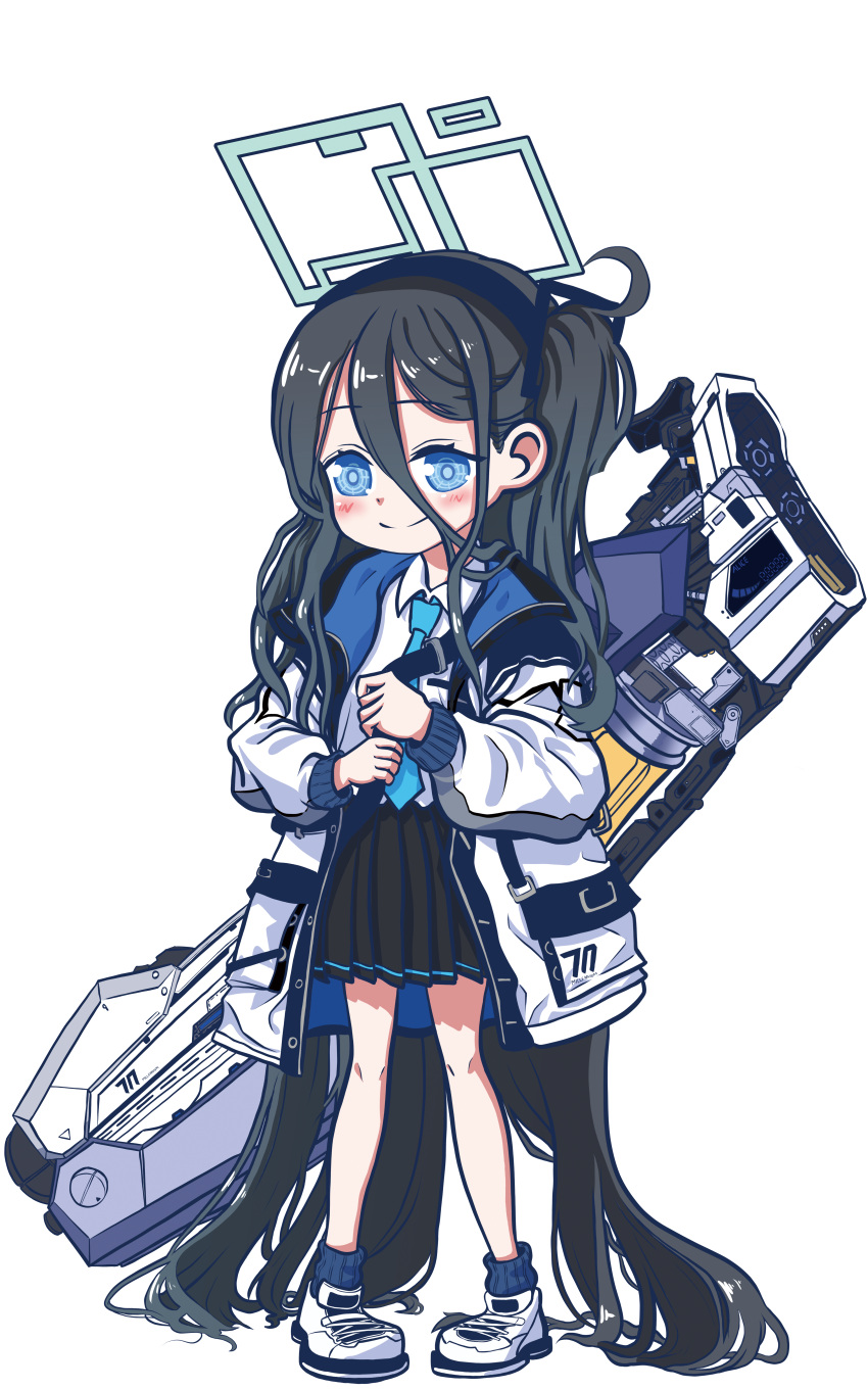 1girl absurdly_long_hair absurdres aghanseonmul aris_(blue_archive) black_hair black_skirt blue_archive blue_eyes cannon chibi collared_shirt commentary_request full_body hair_between_eyes hair_ornament hairband halo highres hood hooded_jacket jacket long_hair long_sleeves looking_at_viewer necktie one_side_up railgun school_uniform shirt shoulder_belt sidelocks simple_background skirt smile solo standing transparent_background very_long_hair weapon weapon_on_back