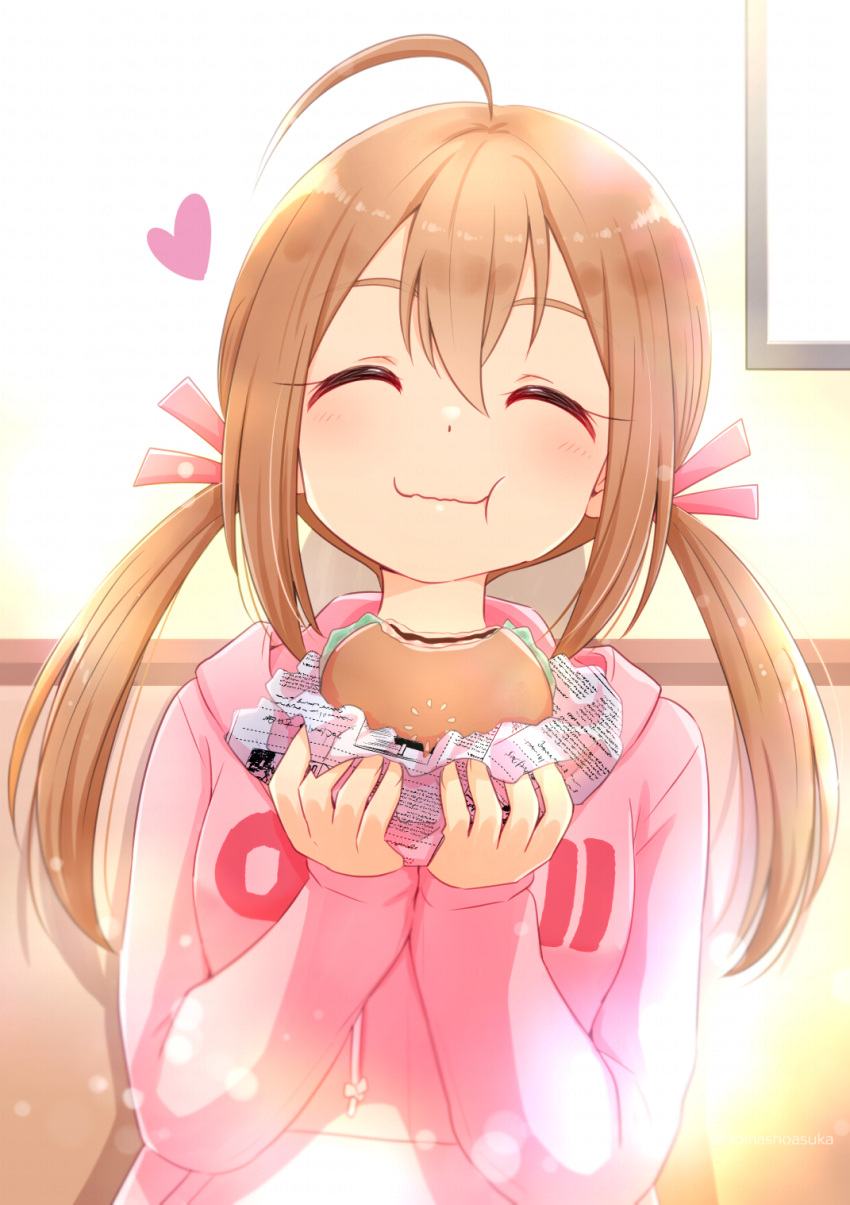 1girl ahoge artist_name blush brown_hair closed_eyes eating facing_viewer food gomasho_asuka happy heart highres holding holding_food indoors lens_flare long_sleeves original pink_shirt shirt solo twintails upper_body