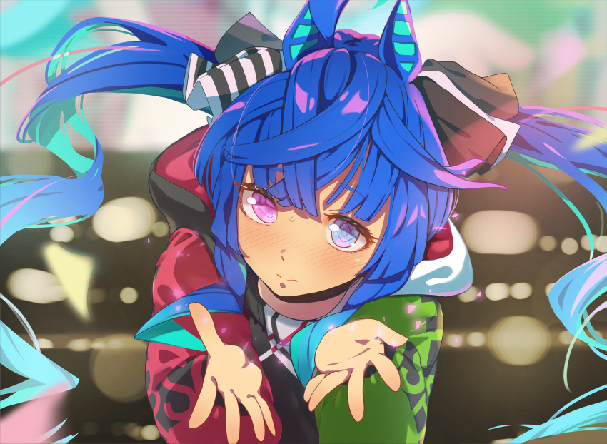 1girl absurdres animal_ears blue_eyes blue_hair blurry blurry_background blush bokeh closed_mouth crossed_bangs depth_of_field highres hood hood_down hoodie horse_ears long_hair looking_at_viewer pink_eyes reaching_towards_viewer shijima_(shizima_03) solo sweat twin_turbo_(umamusume) twintails umamusume umapyoi_densetsu upper_body