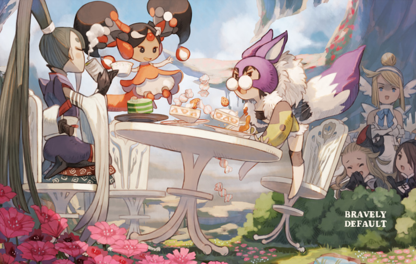 6+girls agnes_oblige animal_ears animal_hat artemis_venus blonde_hair bow bravely_default:_flying_fairy bravely_default_(series) brown_eyes brown_hair bush cake cake_slice candy closed_eyes covering_mouth cup day dress drinking edea_lee einherjar_venus floating flower food full_body gloves green_hair hair_bow hat hiding high_ponytail holding holding_cup irono16 konoe_kikyou laughing long_hair looking_at_another multiple_girls on_chair open_mouth outdoors pillow pink_flower plate red_dress short_hair sitting sky smile strawberry_shortcake table tail twintails very_long_hair victoria_f._stein white_dress