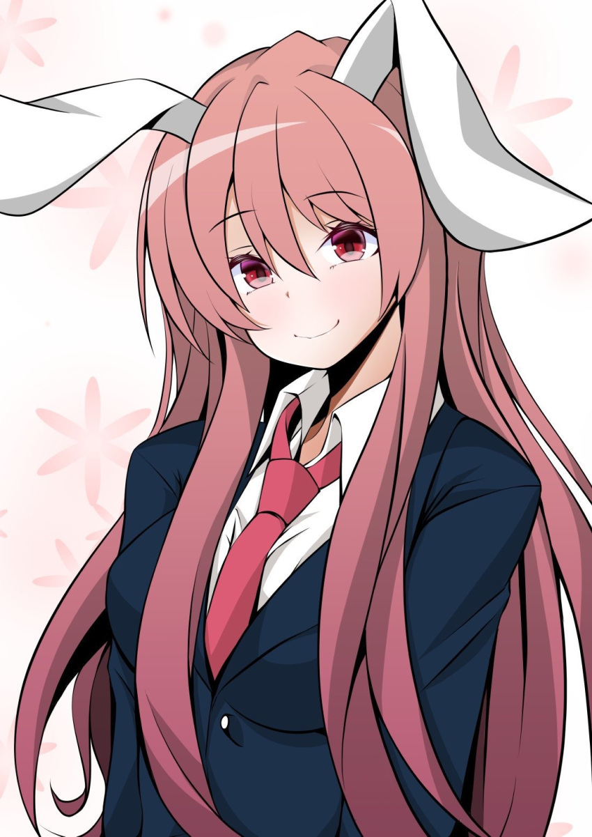 1girl animal_ears black_jacket closed_mouth collared_shirt commentary_request highres jacket long_hair long_sleeves looking_at_viewer necktie pink_hair rabbit_ears rabbit_girl red_eyes red_necktie reisen_udongein_inaba shirt sidelocks smile solo sunaguma touhou upper_body white_background white_shirt