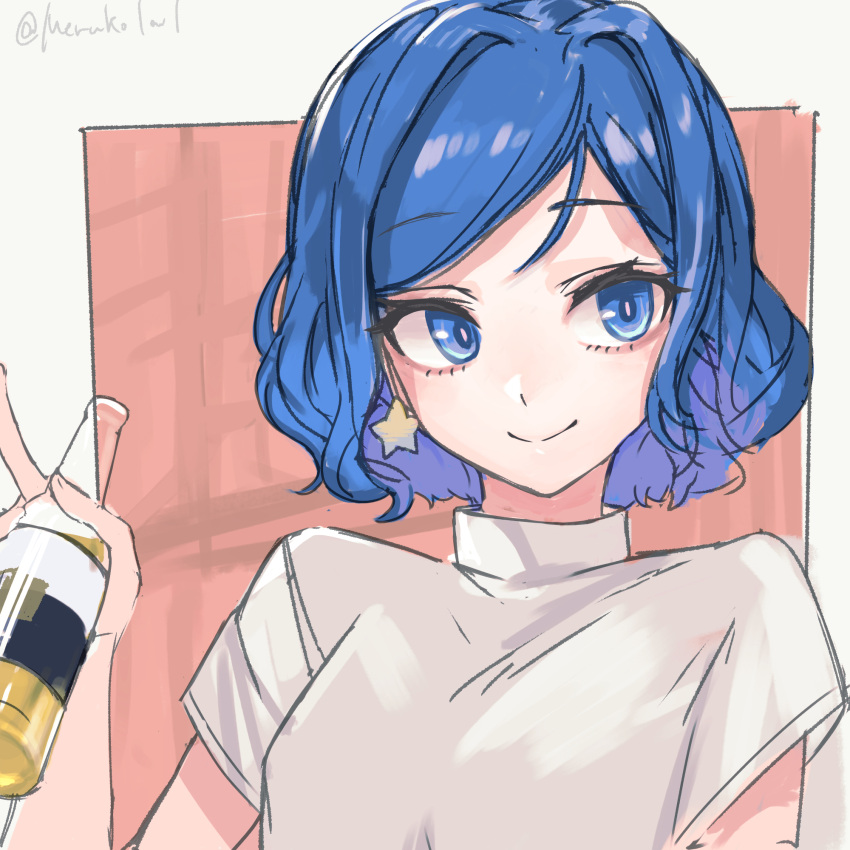 1girl aged_up aikatsu! aikatsu!_(series) alcohol alternate_hairstyle artist_name blue_eyes blue_hair border bottle closed_mouth earrings hand_up highres holding holding_bottle jewelry kiriya_aoi looking_to_the_side red_background shirt short_hair short_sleeves shou_(meruko1001) sketch smile star_(symbol) star_earrings swept_bangs turtleneck twitter_username upper_body v white_border white_shirt