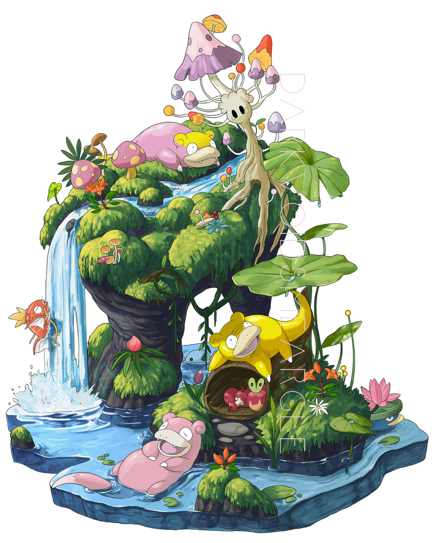 alternate_color apple apple_core applin artist_name closed_eyes closed_mouth commentary darkvoiddoble english_commentary fang fangs fangs_out fern fish flower food fruit galarian_slowpoke grass highres in_water leaf lily_pad log looking_at_viewer lotad lotus lying magikarp mushroom no_humans o_o on_stomach open_mouth orange_flower partially_submerged pink_flower plant pokemon pokemon_(creature) rock shiny_pokemon simple_background slowpoke smile vines water waterfall white_background white_flower wooper