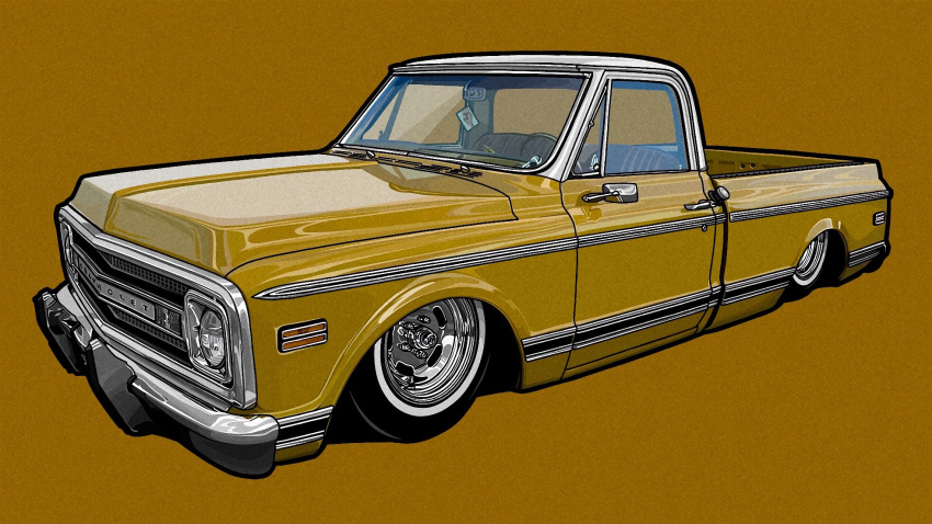 brown_background chevrolet chevrolet_c10 highres kaizou-sha_no_illust_bot lowrider motor_vehicle no_humans original pickup_truck shadow solo truck vehicle_focus