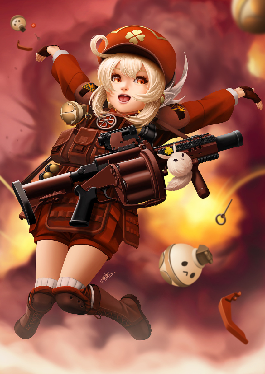 1girl :d adapted_costume ahoge alternate_costume arms_up blurry boots brown_footwear brown_gloves bulletproof_vest cabbie_hat clover_print commentary depth_of_field english_commentary explosion explosive fingerless_gloves genshin_impact gloves grenade grenade_launcher hair_between_eyes hat hat_feather hat_ornament highres jumping jumpsuit jumpy_dumpty klee_(genshin_impact) knee_boots knee_pads kneehighs knees_together_feet_apart light_brown_hair long_hair long_sleeves looking_at_viewer low_twintails okita orange_eyes outstretched_arms pointy_ears red_jumpsuit sidelocks simple_background smile socks solo spread_arms twintails weapon