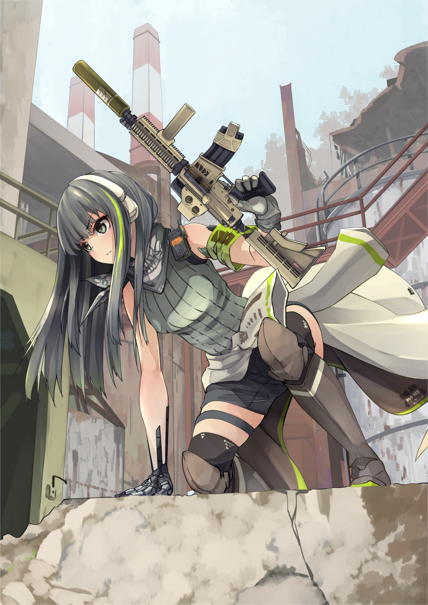 armored_boots assault_rifle black_shorts boots ear_protection gloves green_armband grey_hair gun highres holding holding_gun holding_weapon leotard m4_carbine m4a1_(girls'_frontline) non-web_source rifle shorts weapon