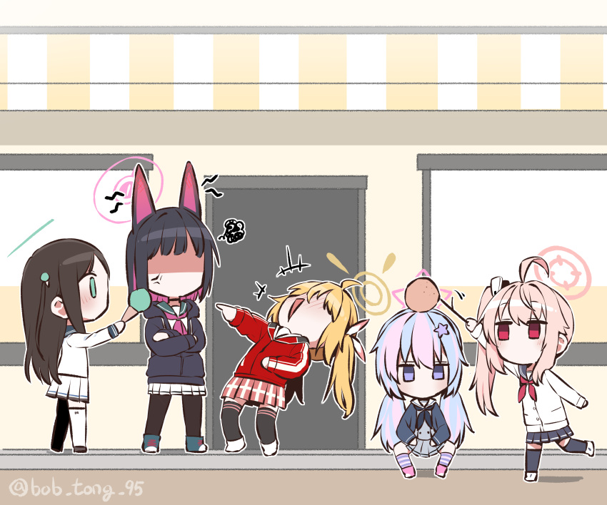 5girls absurdres airi_(blue_archive) anger_vein animal_ears b.t._(boob_tong) black_hair black_jacket blonde_hair blue_archive blunt_bangs cat_ears cat_girl chibi colored_inner_hair commentary_request crossed_arms extra_ears food food-themed_hair_ornament full_body green_eyes hair_between_eyes hair_ornament hair_ribbon head_bump highres hood hooded_jacket ice_cream ice_cream_cone ice_cream_hair_ornament jacket kazusa_(blue_archive) laughing long_hair long_sleeves low_twintails multicolored_hair multiple_girls natsu_(blue_archive) open_clothes open_jacket pink_hair pleated_skirt red_eyes red_jacket reisa_(blue_archive) ribbon school_uniform serafuku short_hair side_ponytail sidelocks sitting skirt standing star_(symbol) star_hair_ornament striped striped_thighhighs thigh-highs twintails two-tone_hair two_side_up violet_eyes yoshimi_(blue_archive) zettai_ryouiki