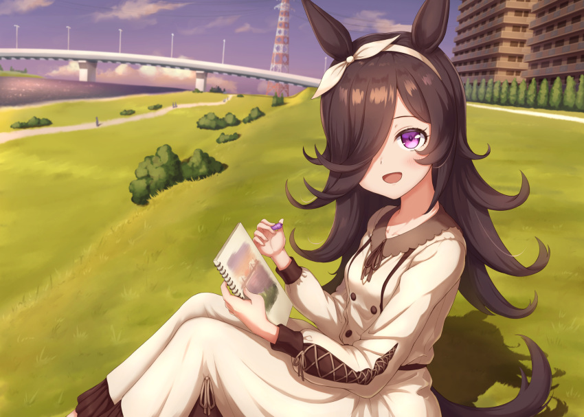 1girl :d animal_ears blue_sky blush bridge brown_dress brown_hair brown_ribbon building bush buttons clouds collarbone collared_dress commentary_request cross-laced_clothes cross-laced_sleeves darepaso day double-breasted drawing dress eyelashes frilled_dress frills grass hair_over_one_eye hairband hands_up highres holding holding_marker holding_sketchbook horse_ears horse_girl horse_tail long_hair long_sleeves looking_at_viewer looking_to_the_side marker neck_ribbon one_eye_covered open_mouth outdoors parted_bangs path ribbon rice_shower_(umamusume) river shadow sidelocks sitting sketchbook sky smile solo swept_bangs tail tower transmission_tower tree umamusume violet_eyes water white_hairband