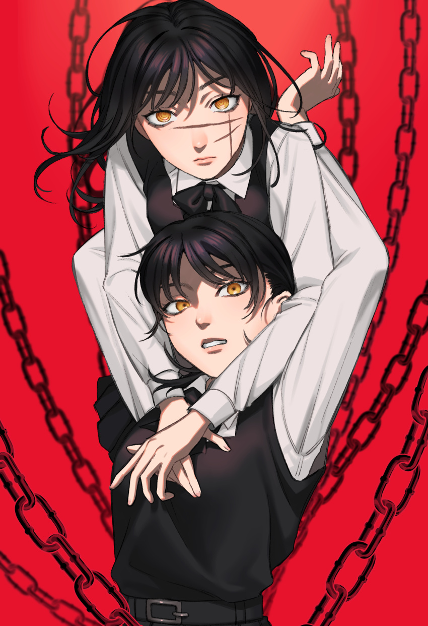 2girls arms_around_neck arms_up black_hair chain chainsaw_man collared_shirt cross_scar highres long_hair looking_at_viewer michi_(user_cgpn5722) mitaka_asa multiple_girls parted_lips red_background ringed_eyes scar scar_on_cheek scar_on_face shirt simple_background yellow_eyes yoru_(chainsaw_man)