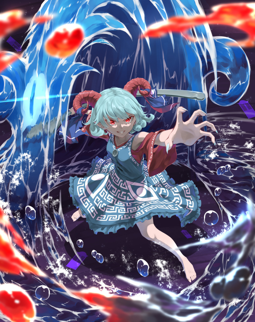 barefoot blood blue_dress claw_pose curly_hair detached_sleeves dress earrings fighting_stance highres holding_spork horn_ornament horn_ribbon horns jewelry meandros otomeza_ryuseigun oversized_object patterned_clothing pointy_ears red_eyes red_horns red_sleeves ribbon sharp_teeth sheep_horns spork teeth touhou toutetsu_yuuma utensil water white_hair