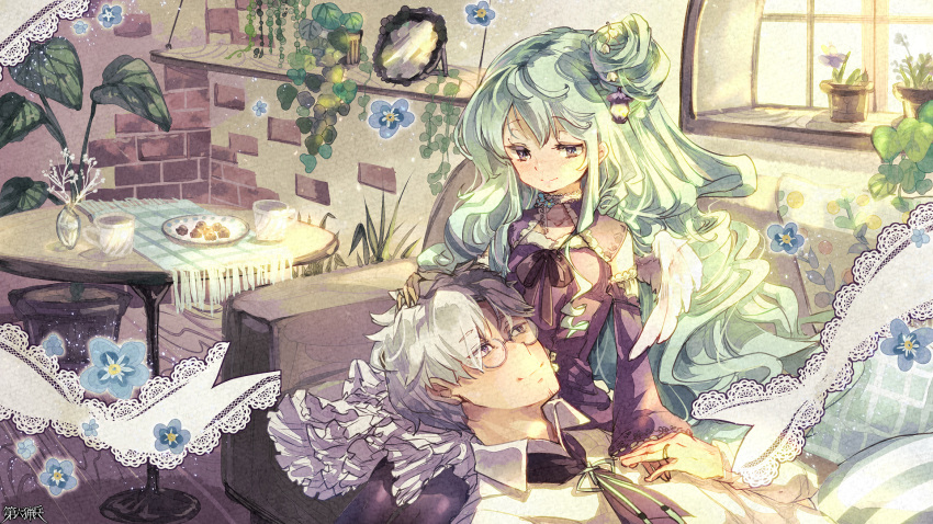 1boy 1girl black_hair couch cup dairoku_ryouhei day facial_hair flower glasses green_hair harenochi_hareta highres holding_hands indoors jewelry long_hair lying multicolored_hair on_back plant plate potted_plant ring shelf sitting smile stubble table til_roeve two-tone_hair vase very_long_hair white_hair white_wings wings wooden_floor