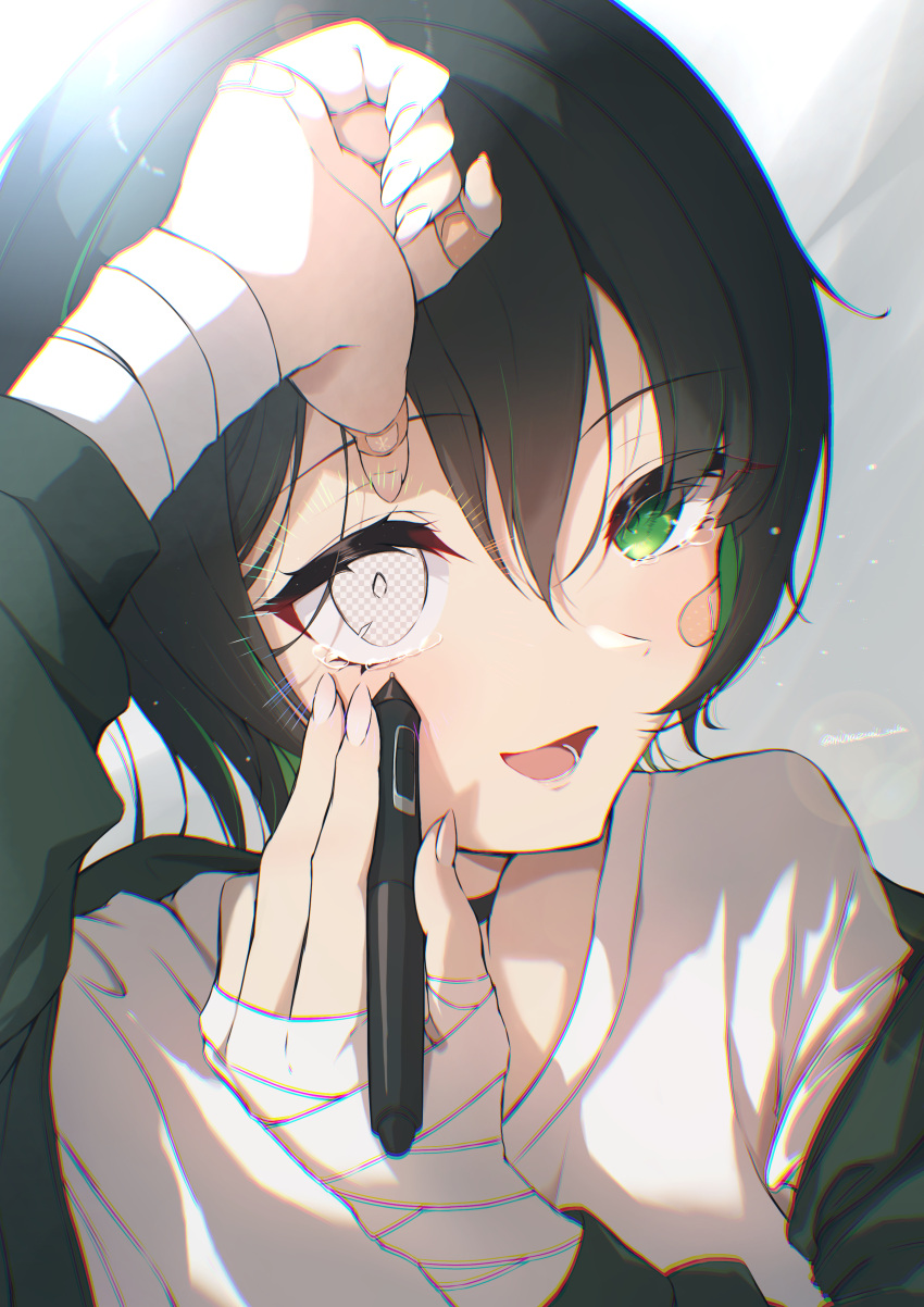 1girl absurdres arm_up bandaged_hand bandages bandaid bandaid_on_face bandaid_on_hand black_choker choker dark_green_hair drawing_on_own_face green_eyes hair_between_eyes hand_up highres holding holding_stylus jacket long_sleeves looking_at_viewer minazumi_souka open_clothes open_jacket open_mouth original portrait shirt short_hair solo stylus tearing_up twitter_username white_shirt