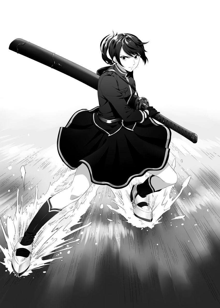 1girl absurdres commentary_request female_admiral_(kancolle) full_body furrowed_brow gloves greyscale highres huge_weapon kana_haruki kantai_collection medium_skirt monochrome nakama_saori ponytail sheath sheathed skirt solo speed_lines sword water weapon