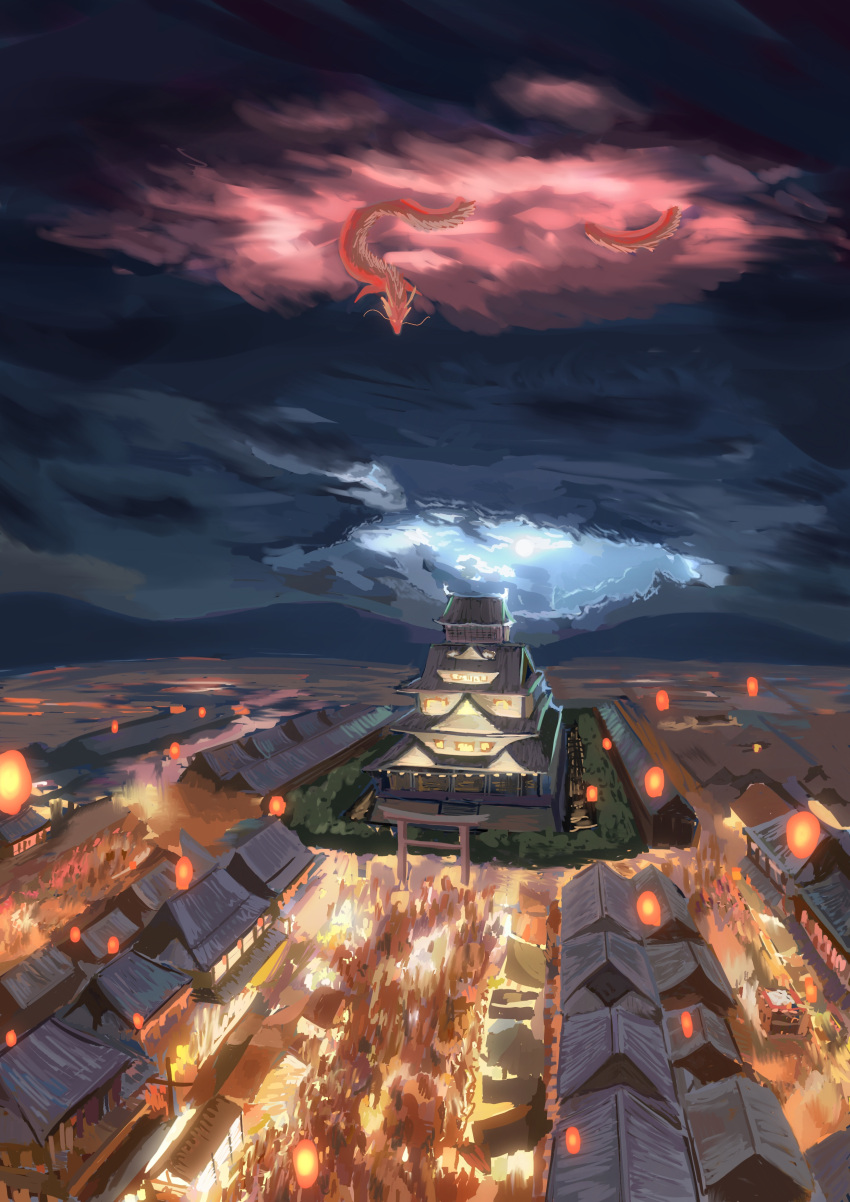 absurdres architecture building clouds cloudy_sky crowd dragon east_asian_architecture eastern_dragon highres lantern lantern_festival nado_(nrac4433) night original outdoors paper_lantern people scenery sky sky_lantern temple torii