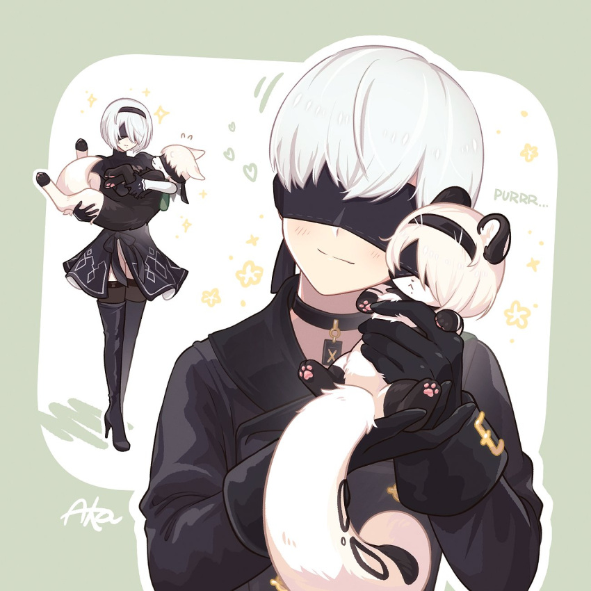 1boy 1girl black_blindfold black_hairband blindfold boots choker covered_eyes dog dual_persona feather-trimmed_sleeves feather_trim furrification furry hairband highres juliet_sleeves leotard long_sleeves missaka mole mole_under_mouth nier:automata nier_(series) puffy_sleeves short_hair snow_leopard thigh-highs thighhighs_under_boots white_leotard yorha_no._2_type_b yorha_no._9_type_s