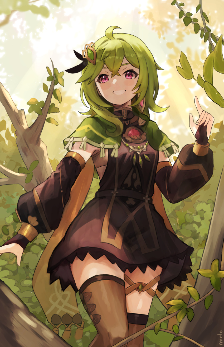 1girl ahoge artist_name black_dress branch brown_thighhighs collei_(genshin_impact) commentary cowboy_shot detached_sleeves dress earrings facing_viewer genshin_impact green_hair grin hair_ornament hand_up highres jewelry long_sleeves medium_hair mirlo2hu puffy_long_sleeves puffy_sleeves single_earring smile solo teeth thigh-highs thighlet tree violet_eyes zettai_ryouiki