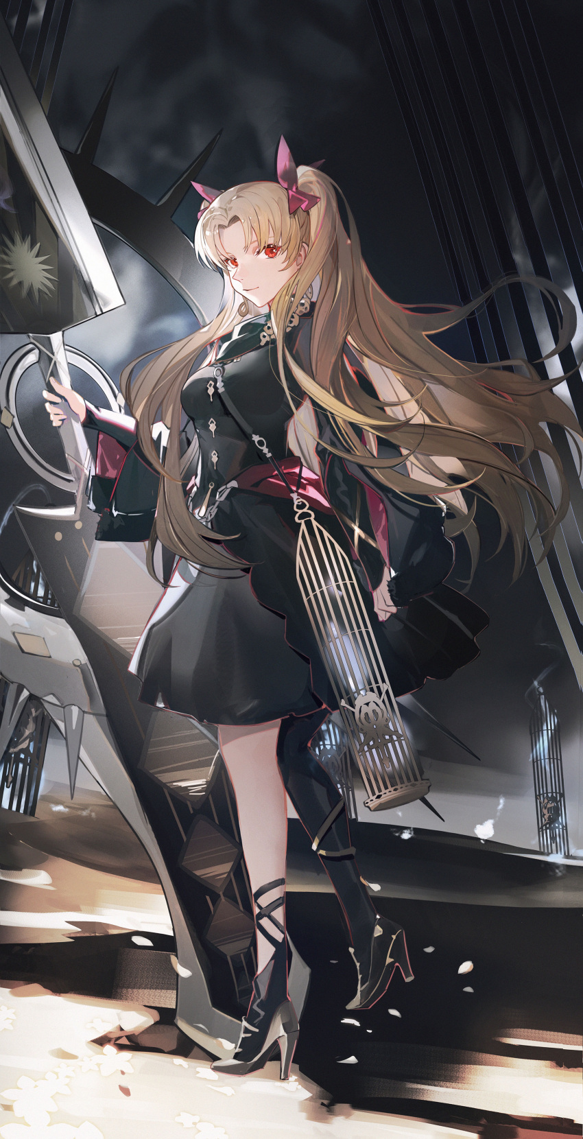 1girl absurdres asymmetrical_legwear birdcage black_dress blonde_hair cage closed_mouth dress earrings ereshkigal_(third_ascension)_(fate) fate/grand_order fate_(series) high_heels highres holding holding_weapon jewelry kiki7 long_hair looking_at_viewer parted_bangs pink_ribbon red_eyes ribbon smile twintails weapon