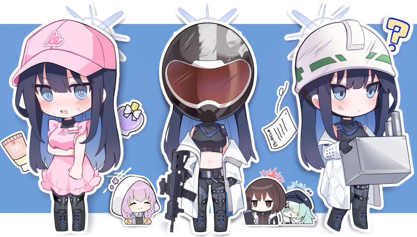 4girls ? @_@ apron assault_rifle atsuko_(blue_archive) baseball_cap belt black_footwear blue_archive blue_background blue_hair blue_headwear blush boots bow box brown_hair cabbie_hat chibi closed_mouth crop_top dark_blue_hair gun hair_bow halo hardhat hat helmet highres hiyori_(blue_archive) holding holding_box holding_gun holding_weapon hood hood_up jacket jacket_partially_removed light_green_hair long_hair midriff misaki_(blue_archive) multiple_girls name_tag official_alternate_costume pants paper parted_lips pink_apron pink_hair pink_headwear rifle saori_(blue_archive) short_hair simple_background smile solo_focus sweat tearing_up two-tone_background wavy_mouth weapon white_headwear white_jacket yucha_(y0104)