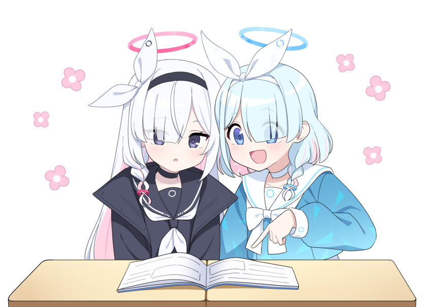 2girls :d a.r.o.n.a_(blue_archive) arona_(blue_archive) black_choker black_hairband black_jacket black_sailor_collar black_serafuku blue_archive blue_eyes blue_hair blue_serafuku blush book bow bow_hairband bowtie braid child_(isoliya) choker desk flower hair_over_one_eye hairband halo highres jacket long_hair long_sleeves multiple_girls neckerchief open_book open_clothes open_jacket parted_lips sailor_collar school_desk school_uniform serafuku short_hair simple_background smile upper_body violet_eyes white_background white_bow white_bowtie white_choker white_hair white_hairband white_neckerchief white_sailor_collar