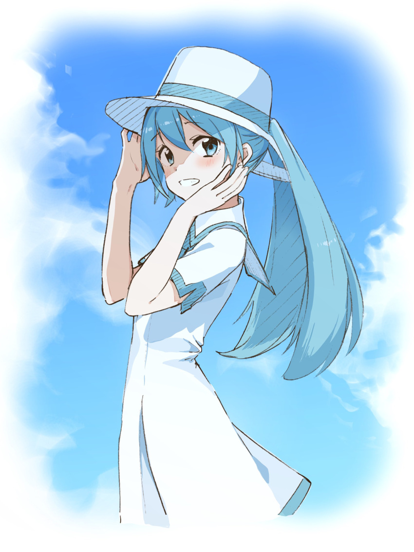 1girl absurdres agonasubi aqua_eyes aqua_hair blue_sky boater_hat border clouds collared_dress commentary dress fading_border from_side grin hands_up hatsune_miku highres light_blush long_hair looking_at_viewer looking_to_the_side outdoors project_diva_(series) sailor_collar short_sleeves sky smile solo summer_memories_(module) time_machine_(vocaloid) twintails upper_body vocaloid white_dress white_headwear