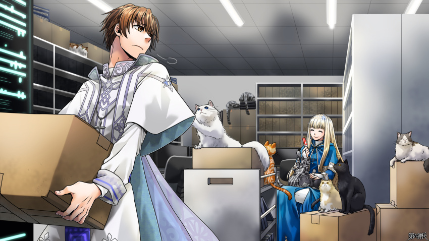 1boy 1girl black_cat blonde_hair book box brown_eyes brown_hair cat chair copyright_name dairoku_ryouhei erisha_paltier frown hair_ornament highres holding holding_box indoors robe shelf sitting sudow_rei white_cat