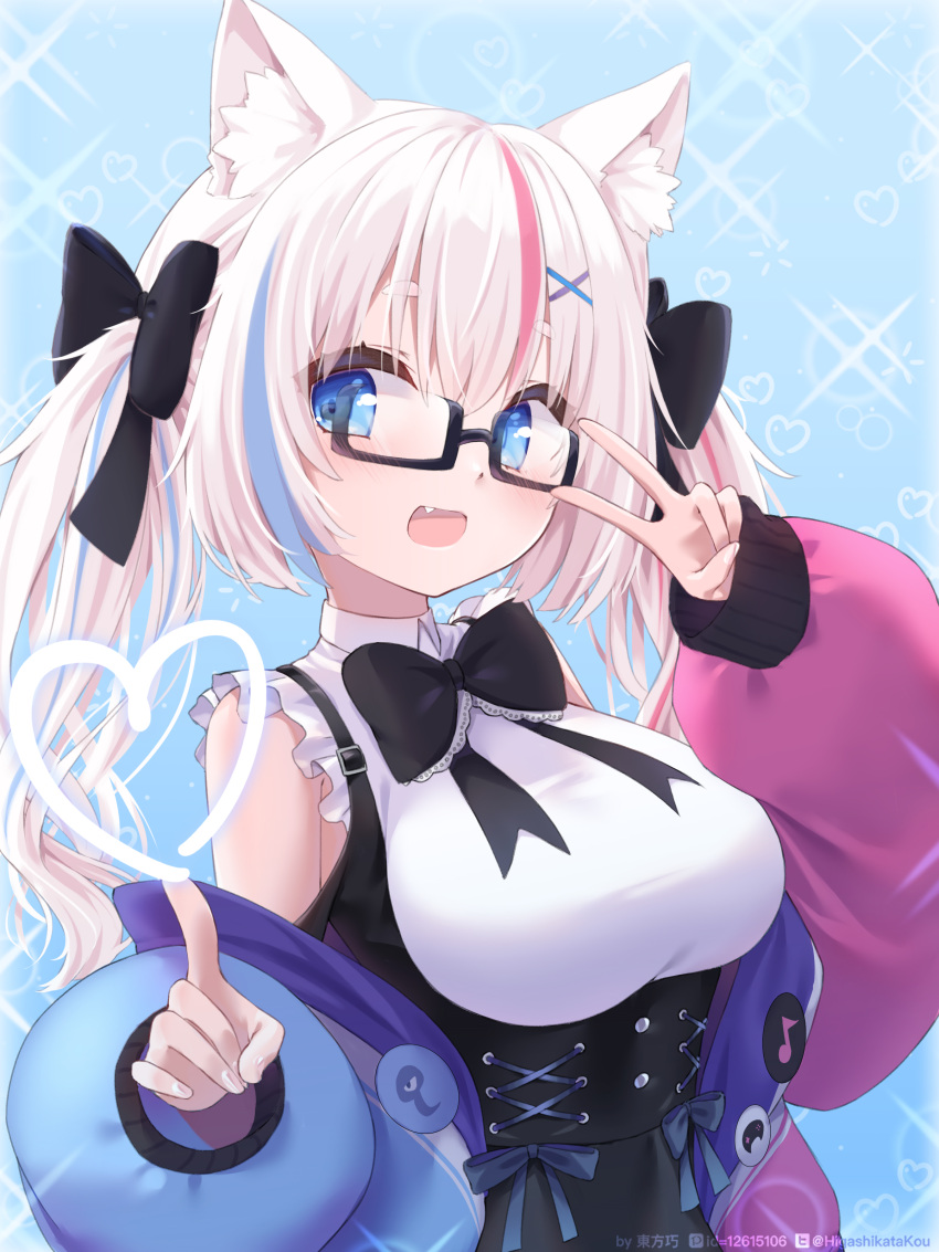 absurdres animal_ear_fluff animal_ears black_bow blue_eyes blue_hair bow breasts cat_ears glasses grey_hair heart highres indie_virtual_youtuber izayoi_aotuki jacket large_breasts looking_at_viewer multicolored_hair open_clothes open_jacket open_mouth pink_hair smile solo streaked_hair sunkazer twintails v virtual_youtuber