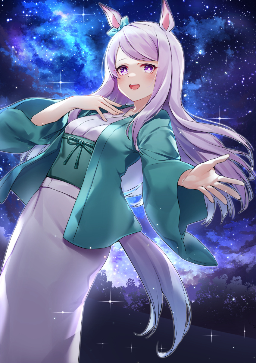 absurdres animal_ears green_ribbon hachiroku_(hatirokusann86) hand_on_own_chest highres horse_ears horse_girl horse_tail japanese_clothes kimono long_hair long_sleeves looking_at_viewer mejiro_mcqueen_(umamusume) night night_sky open_mouth purple_hair ribbon sky smile standing star_(sky) tail umamusume violet_eyes white_kimono wide_sleeves