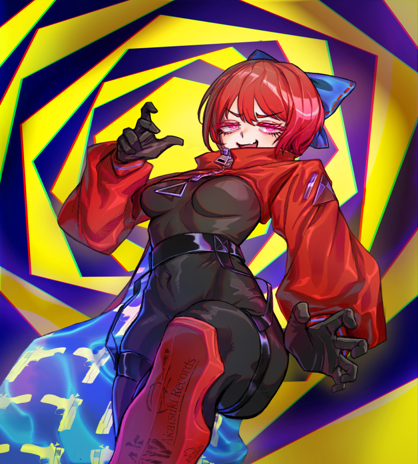 1girl adapted_costume akatsuki_records belt bodysuit bow cape fang hair_bow highres looking_at_viewer red_eyes redhead rock_'n'_rock_'n'_beat sekibanki short_hair simple_background skin_fang smug solo thick_thighs thighs touhou zacarin_hobbiton