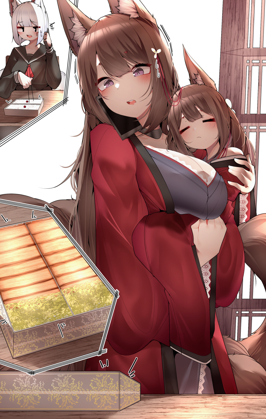 3girls =_= absurdres amagi-chan_(azur_lane) amagi_(azur_lane) animal_ear_fluff animal_ears azur_lane bento black_serafuku breasts brown_tail carrying cellphone choker chopsticks closed_eyes closed_mouth commentary dual_persona food fox_ears hair_ornament highres holding holding_phone inset japanese_clothes kaga_(azur_lane) kimono kyuubi large_breasts long_hair multiple_girls multiple_tails open_mouth phone purple_shirt red_kimono rice samip school_uniform serafuku shirt short_hair smartphone sweatdrop table tail very_long_hair violet_eyes white_hair white_tail