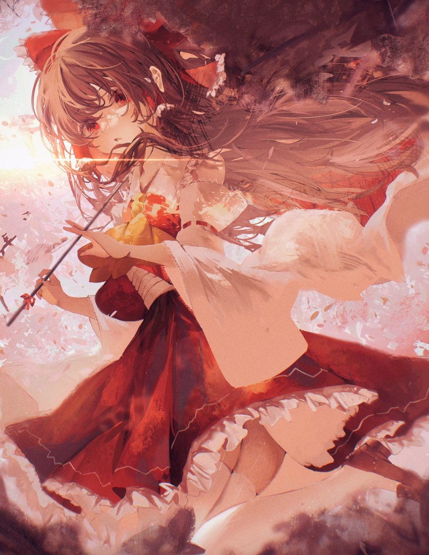 1girl ascot bare_shoulders bow brown_hair detached_sleeves frilled_skirt frills hair_bow hair_tubes hakurei_reimu highres holding japanese_clothes long_hair nontraditional_miko open_mouth red_bow red_eyes red_footwear red_skirt ribbon-trimmed_sleeves ribbon_trim shoes sidelocks skirt solo thigh-highs toho_sweet touhou white_sleeves white_thighhighs wide_sleeves yellow_ascot