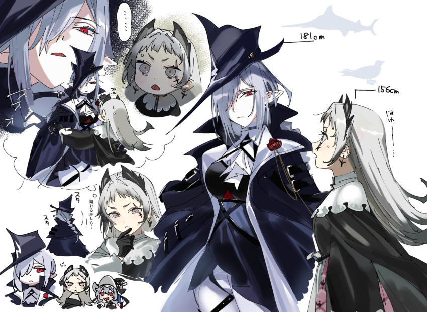 3girls animal_hat arknights ascot belt_collar bird black_cape black_coat black_gloves black_shirt braid cape capelet coat coat_on_shoulders collar cropped_shoulders cropped_torso earrings gladiia_(arknights) glaring gloves grey_eyes grey_hair hair_over_one_eye hand_on_another's_shoulder harness hat head_wings height height_difference high_collar holding_hands imagining irene_(arknights) jewelry laughing long_hair looking_at_another looking_down multicolored_clothes multicolored_skirt multiple_girls multiple_views nervous open_clothes open_coat open_mouth pants partially_translated pink_skirt pointy_ears pointy_hat red_eyes red_pupils scar scar_across_eye shirt short_bangs short_eyebrows silhouette skadi_(arknights) skadi_the_corrupting_heart_(arknights) skirt staring sweat swordfish tight tight_pants translation_request trembling triangle_mouth tricorne underbust v-shaped_eyebrows white_ascot white_background white_capelet white_pants white_skirt yomosaka