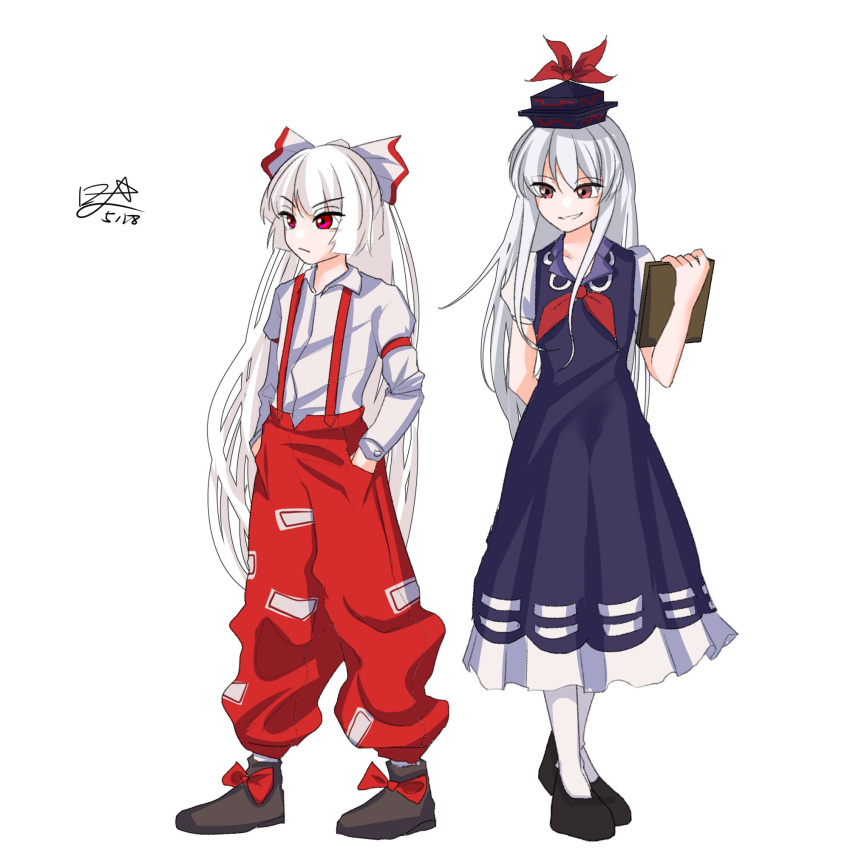 2girls black_footwear blue_dress blue_headwear book bow closed_mouth collared_dress commentary dated dress footwear_bow fujiwara_no_mokou full_body ganadara_ddo grin hair_bow hands_in_pockets highres kamishirasawa_keine korean_commentary long_hair looking_at_another multiple_girls neckerchief ofuda ofuda_on_clothes pants red_eyes red_neckerchief red_pants shirt sidelocks signature simple_background smile standing suspenders touhou white_background white_bow white_hair white_shirt