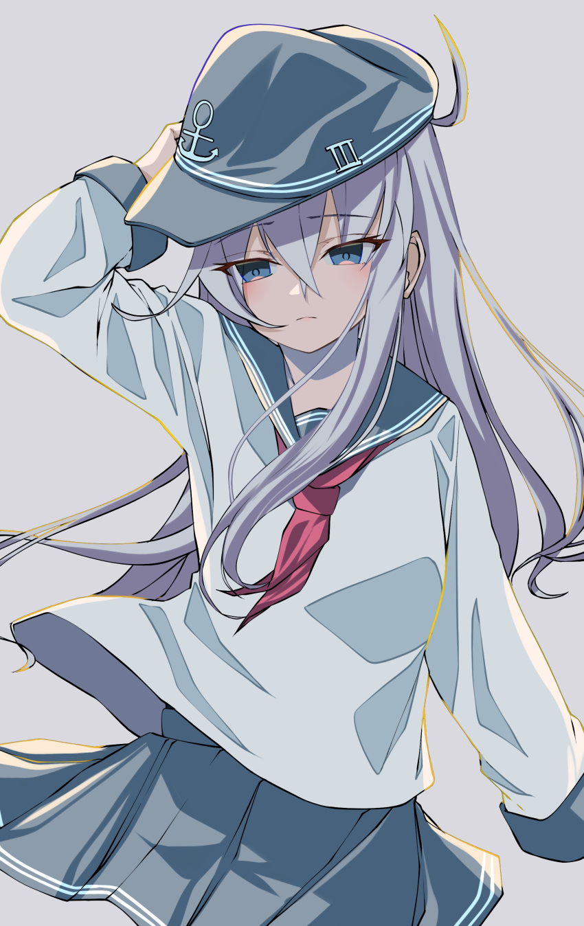 001machi 1girl absurdres anchor_symbol black_headwear black_sailor_collar black_skirt blue_eyes cowboy_shot flat_cap grey_background grey_hair hat hibiki_(kancolle) highres kantai_collection long_hair neckerchief one-hour_drawing_challenge pleated_skirt red_neckerchief sailor_collar sailor_shirt school_uniform serafuku shirt simple_background skirt solo standing