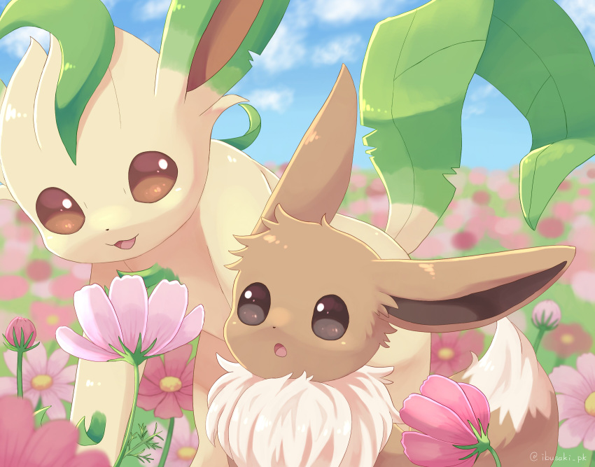 blue_sky blurry blurry_background brown_eyes bud chestnut_mouth clouds eevee field flower flower_field fluffy highres ibusaki_(ivu) leafeon looking_at_flowers no_humans open_mouth outdoors pink_flower pokemon pokemon_(creature) sky smile