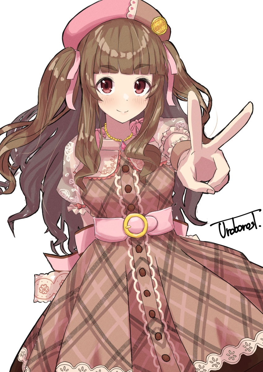 1girl artist_name bead_necklace beads blunt_bangs blush brown_dress brown_hair closed_mouth dress floral_print frilled_sleeves frills hair_ribbon high_belt highres idolmaster idolmaster_cinderella_girls idolmaster_cinderella_girls_starlight_stage jewelry kamiya_nao long_hair looking_at_viewer necklace pink_headwear pink_ribbon plaid plaid_dress red_eyes ribbon scrunchie see-through see-through_sleeves smile solo thick_eyebrows twintails two_side_up uroboros_t v