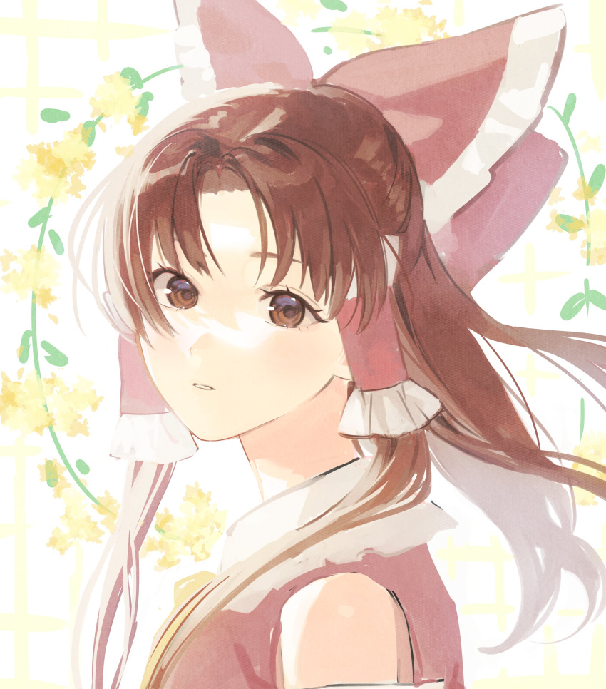 1girl absurdres bow brown_eyes brown_hair expressionless eyebrows_hidden_by_hair floral_background flower frilled_hair_tubes frills hair_bow hair_tubes hakurei_reimu highres long_hair looking_at_viewer parted_bangs parted_lips red_bow red_shirt shirt sidelocks sleeveless sleeveless_shirt solo touhou yellow_flower yokujitsu